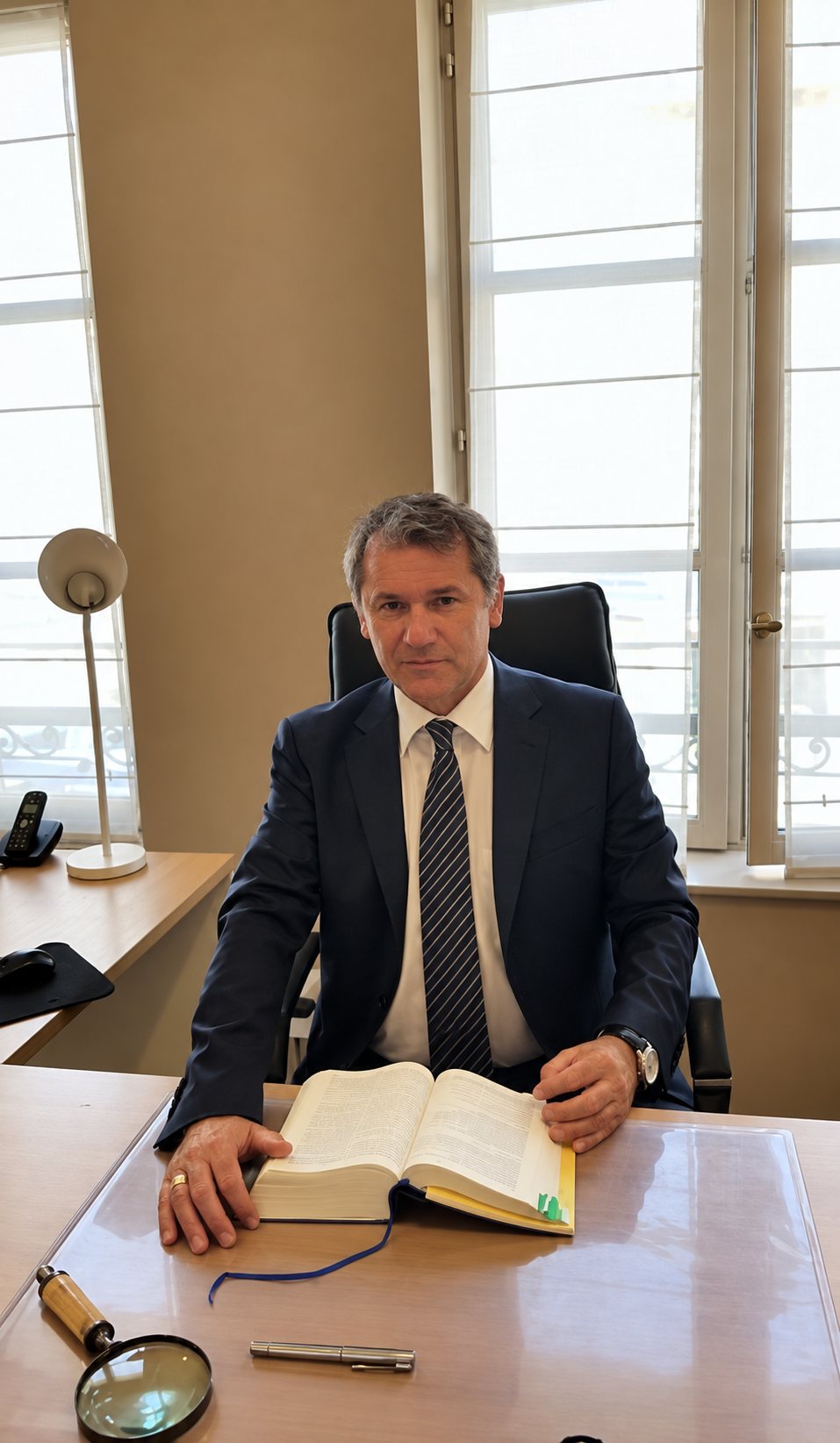 Un homme en costume sombre et cravate est assis à un bureau dans une pièce lumineuse, un livre ouvert devant lui et une loupe posée au premier plan.